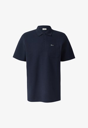 Marineblaues Poloshirt mit kurzen Ärmeln, Zwei-Knopf-Leiste, Brusttasche und strukturiertem Stoff.
