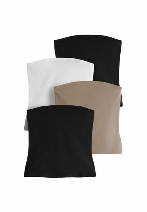 Patru topuri bandeau fără cusături în culorile negru, alb și bej. Textură netedă, design fără bretele, margini superioare rotunjite. Fiecare top este de culoare uniformă.
