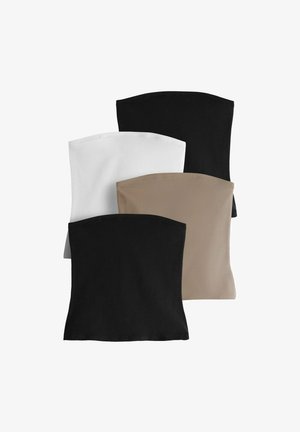 Četiri bandeau trake od rastezljivog tkanja u crnoj, bijeloj i bež boji, s glatkim, prilagođenim dizajnom i blago zakrivljenim gornjim rubom.