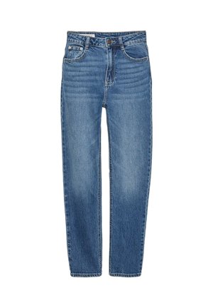 Blaue Jeans aus Denim mit geradem Schnitt, hoher Taille, fünf Taschen und dezentem Verblassen. Mit Knopfverschluss und Gürtelschlaufen.
