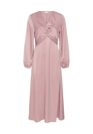 Robe midi mauve à manches longues avec col en V, détail de nœud torsadé à la taille et poignets élastiques en tissu satin lisse.