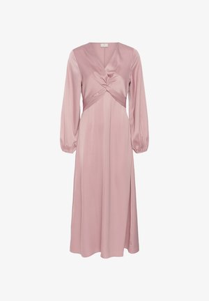 Abito midi malva a maniche lunghe con scollo a V, dettaglio nodo twist in vita e polsini elastici in tessuto satinato liscio.