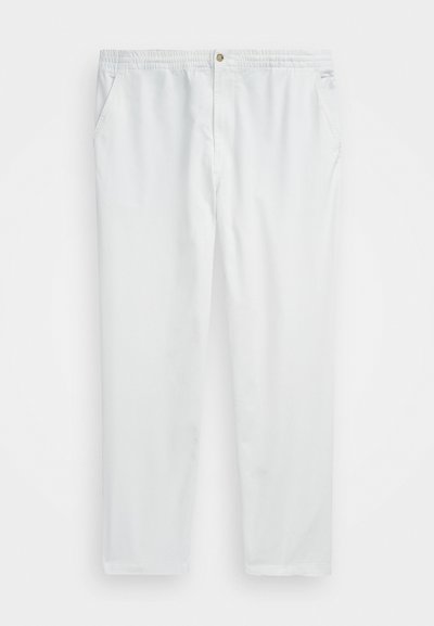 Białe spodnie wykonane z gładkiego materiału, z elastycznym paskiem w talii i zapięciem na guzik. Posiadają boczne kieszenie i prosty krój nogawki.