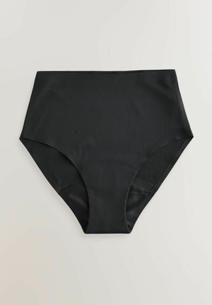Vysoké čierne bikiny s hladkým textúrovaným materiálom. Obsahujú klasický strih so subtílnym rebrovaným vzorom a bez viditeľného kovania.