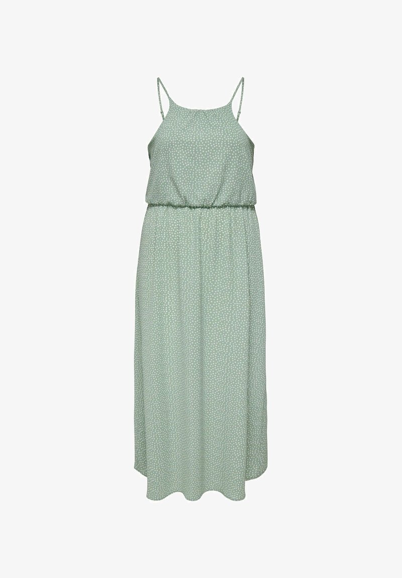 Lichtgroene mouwloze midi-jurk met dunne bandjes en kleine witte stippen, getailleerde taille en vloeiende rok.