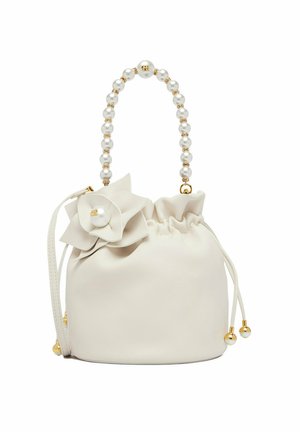 Sac à main crème à cordon avec poignée ornée de perles, fleur décorative avec centre en perles et extrémités du cordon accentuées d'or.