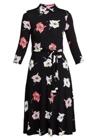Black dress with long sleeves and floral pattern in red, pink, and white. Features a collar and buttons down the front, belted at the waist.