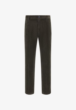 Pantalones de pana en verde oscuro, con un diseño de pierna recta, cierre de botón y una sutil textura ribeteada en un tejido suave.