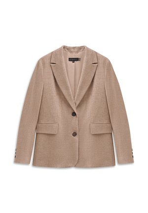 Beiger Blazer mit Reverskragen, zwei Fronttaschen, Zwei-Knopf-Verschluss und Knopfakzenten an den Ärmeln. Strukturiertes Gewebe.