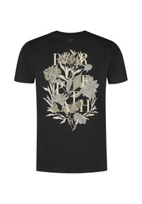 Zwart T-shirt met een bloemenontwerp in gedempte groenen en crème, waarbij de letters "R" en "P T H" tussen de bloemen zijn geïntegreerd.