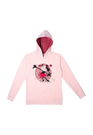Felpa rosa con stampa di personaggi dei cartoni animati. Il cappuccio è foderato in un rosa più scuro. Maniche lunghe e polsini a coste completano il design.