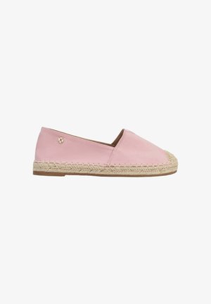 Rosa Veloursleder-Espadrille mit juter Umschlungener Sohle und kleinem goldenem Emblem an der Seite, flachem Absatz, geschlossener Zehenpartie.
