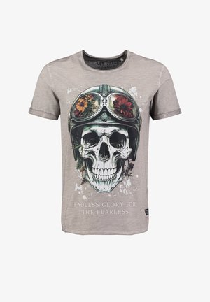 Heathergrijs katoenen T-shirt met een schedelontwerp en bloemaccenten. Voorzien van korte mouwen en een ronde halslijn. De tekst luidt: "EINDLOZE GLORIE VOOR DE ONVERSCHROKKENEN."