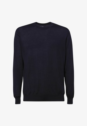 Maglione blu navy realizzato in tessuto morbido, con scollatura tonda, maniche lunghe e orlo e polsini a coste per un look aderente.