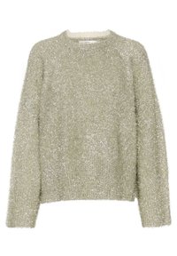 Ljusgrön fluffig tröja med rundad halsringning, långa ärmar och en mjuk, texturerad yta. Inga tydliga mönster eller accenter synliga.