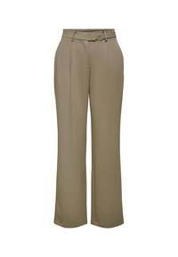 Pantalons larges beige avec une taille ceinturée, confectionnés en tissu lisse. Présente des plis avant et des poches latérales.