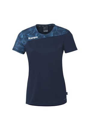 Donkerblauw dames sportshirt met korte mouwen, een schouderstuk met geometrisch patroon en het "Kempa"-logo op de borst en schouder.