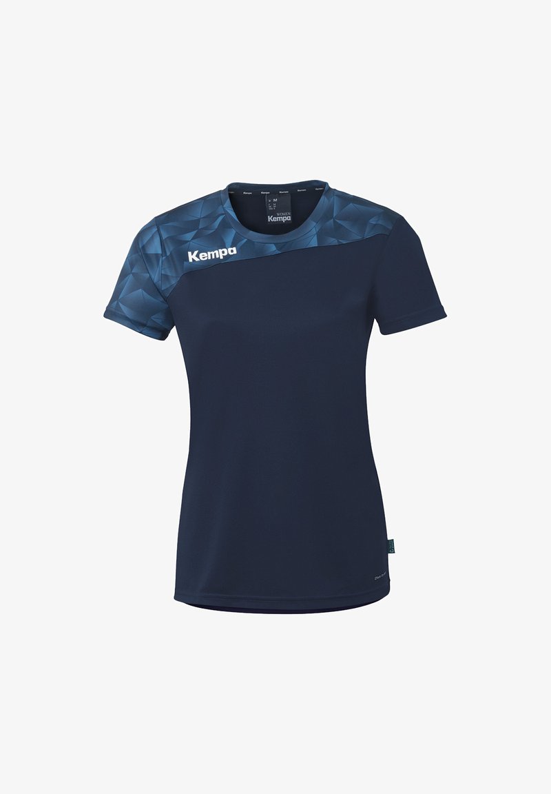 T-shirt de sport à manches courtes pour femme en bleu marine avec empiècement à motif géométrique et logo « Kempa » sur la poitrine et l'épaule.