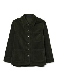 Giacca in velluto a coste verde scuro con colletto, bottoni frontali, due ampie tasche applicate e tessuto testurizzato.