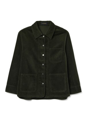 Dunkelgrüne Cordjacke mit einem kragenförmigen Ausschnitt, vorderen Knöpfen, zwei großen aufgesetzten Taschen und einem strukturierten Stoff.