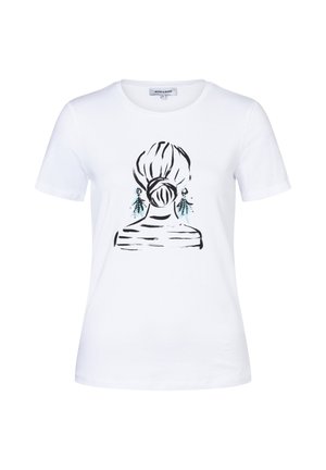 Weißes T-Shirt mit einer schwarzen und türkisfarbenen Grafik eines Rückens einer Frau mit einem Dutt und hängenden Ohrringen, runder Ausschnitt, kurze Ärmel.