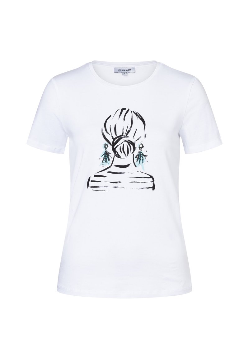 Witte T-shirt met een zwart en teal grafisch ontwerp van de rug van een vrouw met een bun en hangende oorbellen, ronde halslijn, korte mouwen.