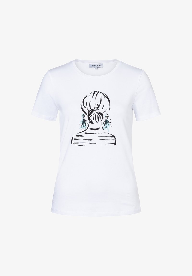 White T-shirt featuring a black and teal graphic of a woman’s back with a bun hairstyle and dangling earrings, round neckline, short sleeves.