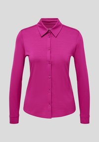 Long-sleeve, button-up shirt in bright pink. Features a classic collar, soft texture, and rounded hem. Buttons are matching in color.