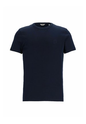 Námornícky modré tričko s krátkym rukávom vyrobené z hladkej bavlny, s okrúhlym výstrihom a malým embosovaným logom na hrudi.