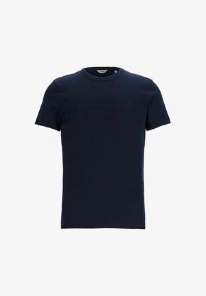 Námornícky modré tričko s krátkym rukávom vyrobené z hladkej bavlny, s okrúhlym výstrihom a malým embosovaným logom na hrudi.