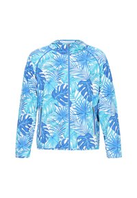 Jachetă bleumarin cu fermoar, având un model cu frunze tropicale în nuanțe variate de albastru și teal pe un fundal alb. Material moale și neted.