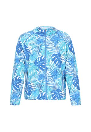 Blue zip-up jacket featuring a tropical leaf pattern in varying shades of blue and teal against a white background. Soft, smooth fabric.