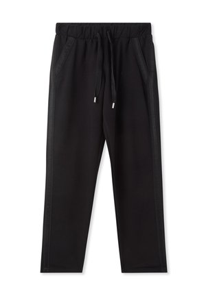 Pantaloni della tuta neri con vita elasticizzata, cordino, due tasche laterali e inserti laterali texture. Tessuto morbido e design affusolato.