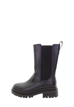 Svart läderankelstövel med elastiska sidopaneler, rundad tå, tjock sula med mönster och en dragflik bak för enkel påtagning.