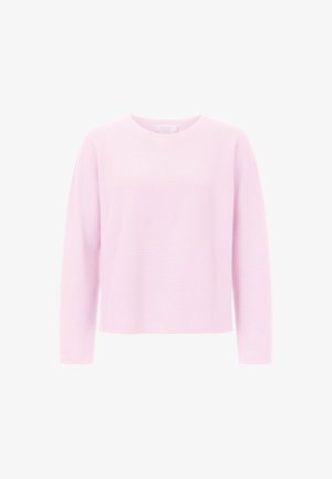 Maglione lavorato a maglia rosa chiaro con maniche lunghe, scollatura rotonda e vestibilità rilassata. Texture morbida e design minimale senza motivi.