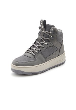 Grauer High-Top-Sneaker mit Schnürsenkeln, gepolstertem Kragen, strukturierten Stoffeinsätzen und dicker weißer Gummisohle mit dem Markennamen Elbsand an der Seite.