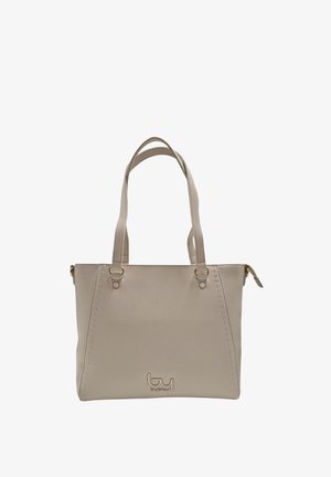 Beiger Shopper aus strukturiertem, synthetischem Leder, mit zwei Schulterriemen, metallischen Beschlägen in Goldfarbe und einem Logo auf der Vorderseite.