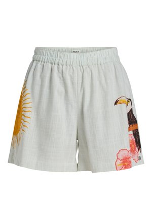 Ljust grå shorts med en strukturerad väv, med en gul soldesign på ena sidan och ett färgglatt tukan- och blommönster på den andra.