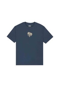 Navyblaue Baumwoll-T-Shirt mit einem cremfarbenen Herz-Graphic mit detaillierten Verzierungen auf der Vorderseite, Rundhalsausschnitt und kurzen Ärmeln.