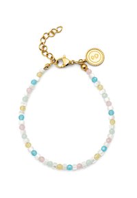 Bracciale con perline multicolori composto da perline pastello sfaccettate in rosa, blu, giallo e verde, con una chiusura in metallo dorato e un ciondolo.