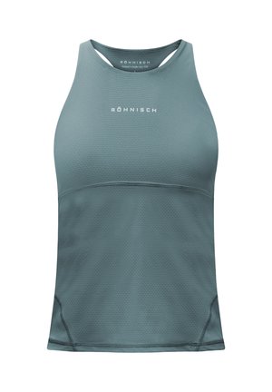 Top sportivo color teal con tessuto strutturato, design a schiena scoperta a racerback e logo a contrasto sul petto. Cuciture lisce e stile aderente.