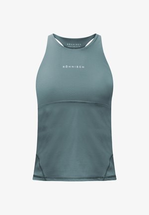 Top sportivo color teal con tessuto strutturato, design a schiena scoperta a racerback e logo a contrasto sul petto. Cuciture lisce e stile aderente.