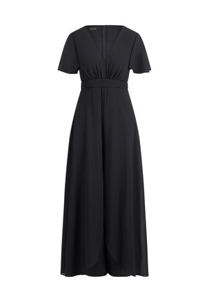 Schwarzes Kleid mit kurzen schwingenden Ärmeln, V-Ausschnitt, gerafftem Bund und fließendem Rock. Der Stoff scheint leicht und glatt zu sein.