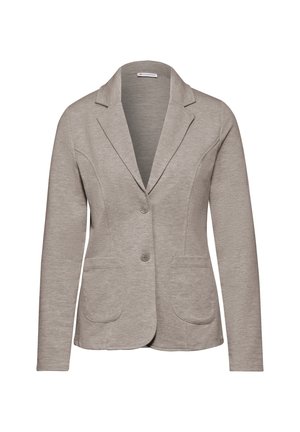 Lysegrå kvindeblazer med to knapper, notched revers, lange ærmer og to forlommer, vist på hvid baggrund.