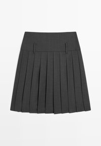 Gray pleated skirt made from a textured fabric, featuring a flat waistband and vertical pleats for added structure and movement.