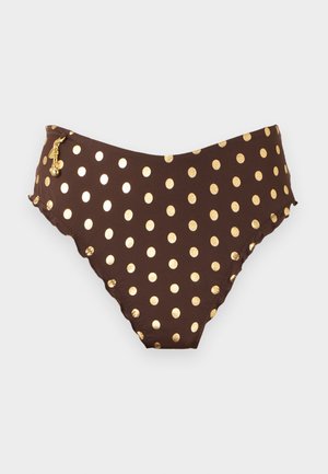 Brown bikini bottom with gold metallic polka dots and a small gold charm attached on the left side.