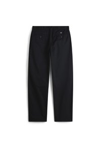 Schwarze Baumwollhosen mit geradem Schnitt, ausgestattet mit zwei Gesäßtaschen, einem Knopfverschluss und dezenten Steppdetails.
