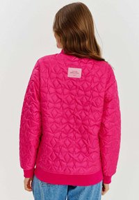 Prešívaná ružová mikina s diamantovým vzorom, so ribovanými manžetami a lemom. Na hornej časti chrbta je štvorcová nálepka s nápisom "COLOR REVOLUTION."