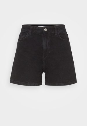 Mustad denim šortsid kõrge vöökohaga, viie tasku ja esise klõpsuga. Omab puhta, tagasihoidliku disaini.