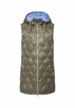 Gilet senza maniche in verde oliva trapuntato con cappuccio, dotato di fodera azzurra, chiusura frontale con zip e regolazioni con cordino.